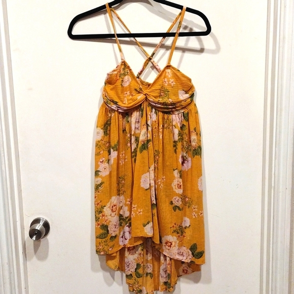 🍒 - 2 FOR $15! Free People Yellow Floral Hi-Low Hem Cami Tunic Dress small boho - Picture 1 of 8
